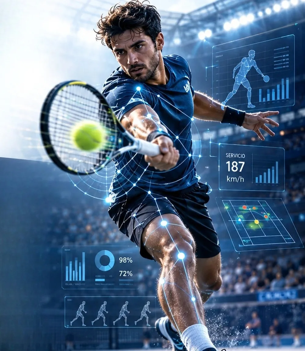 Tenista en cancha con visualización tecnológica